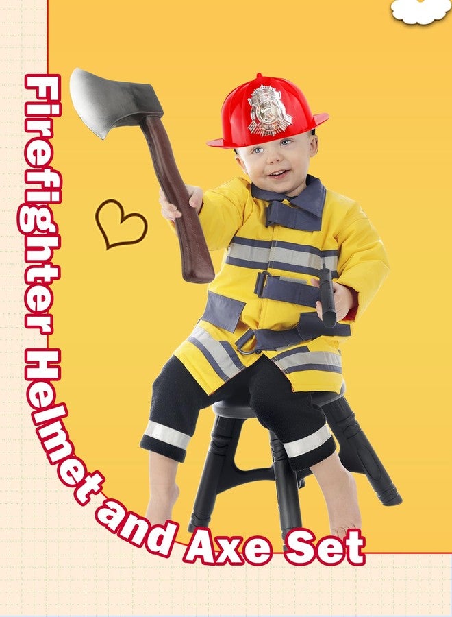 Cotiny 4 Pack Adult Firefighter Helmet and Axe Set Red Fireman Hat Halloween Axe Prop for Kids Adult Halloween Dress Up Accessories - Image 3